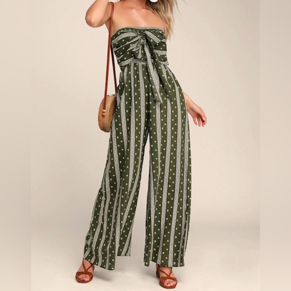 Lulus Raine Olive Green Print Strapless Jumpsuit Size XS